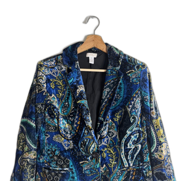 Chicos Blazer Womens S Blue Velvet Paisley Print Button Front Jacket Boho Dressy - Picture 3 of 9